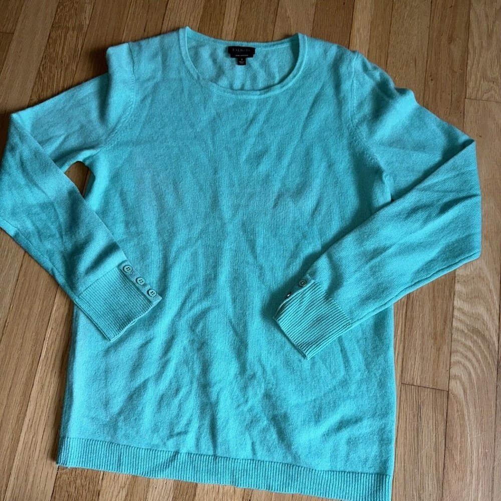100% CASHMERE Talbots Small Button Cashmere Sweater Blue Green Winter Knit Coat